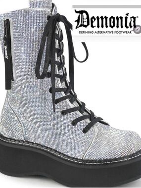 Demonia Silver rhinestone Lace-Up Platform Combat Boots NWOB